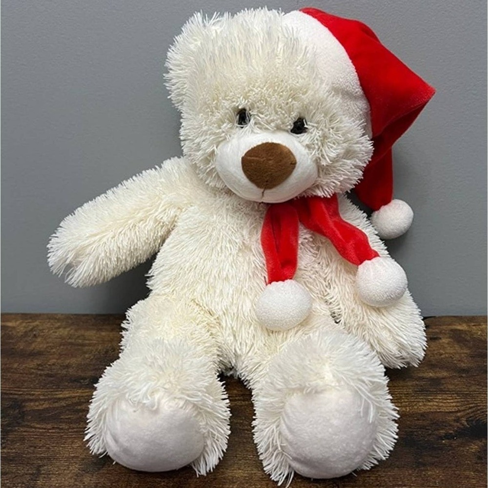 Cuddle Barn White Teddy Bear Santa Hat Scarf Shaggy Christmas Plush